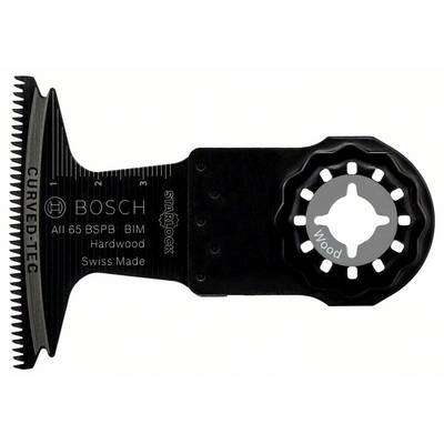 Multitool-Sägeblatt mit Aufschrift 'Bosch, Swiss Made, Hardwood'. Es ist für Holzarbeiten konzipiert und verfügt über das Starlock-Befestigungssystem.
