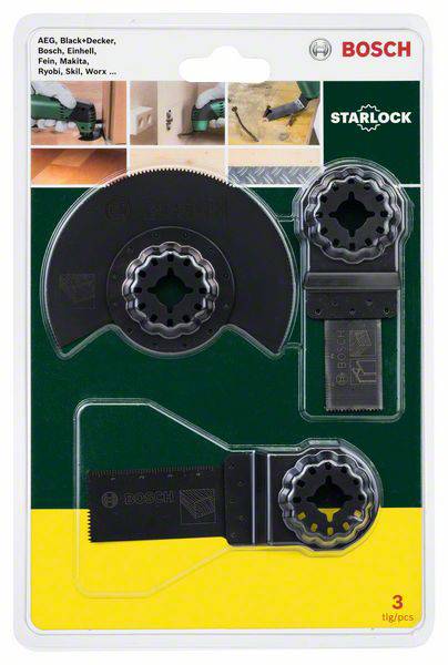'Bosch Starlock' Multitool-Zubehör, 3-teilig, für verschiedene Marken geeignet. Verpackung zeigt Anwendungsbeispiele oben.