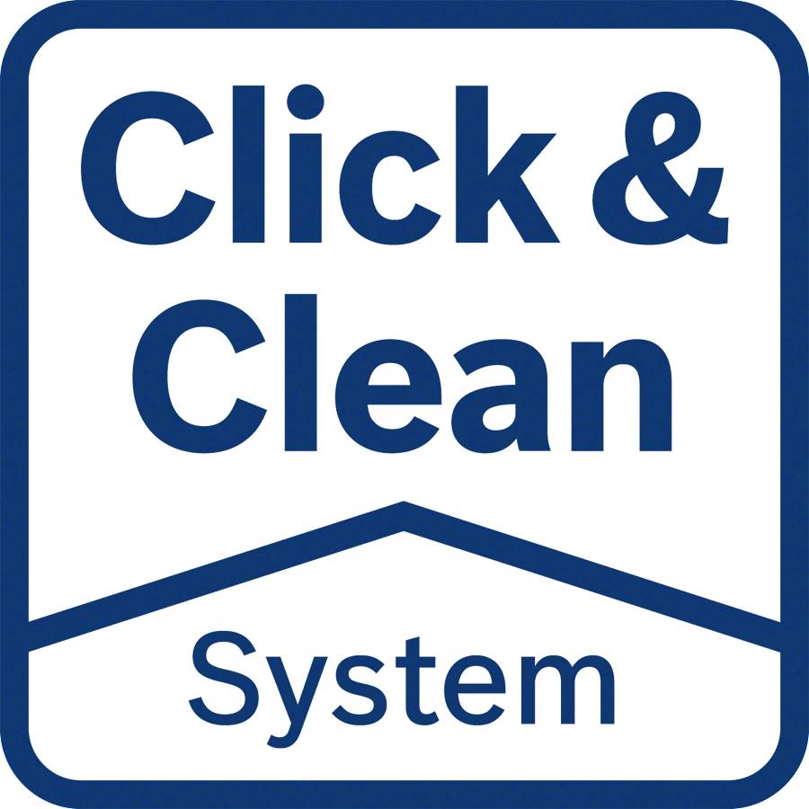 Das Bild zeigt ein weißes Quadrat mit blauer Umrandung. In der Mitte steht der Text 'Click & Clean System' in blauer Schrift.