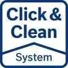 Das Bild zeigt ein weißes Quadrat mit blauer Umrandung. In der Mitte steht der Text 'Click & Clean System' in blauer Schrift.