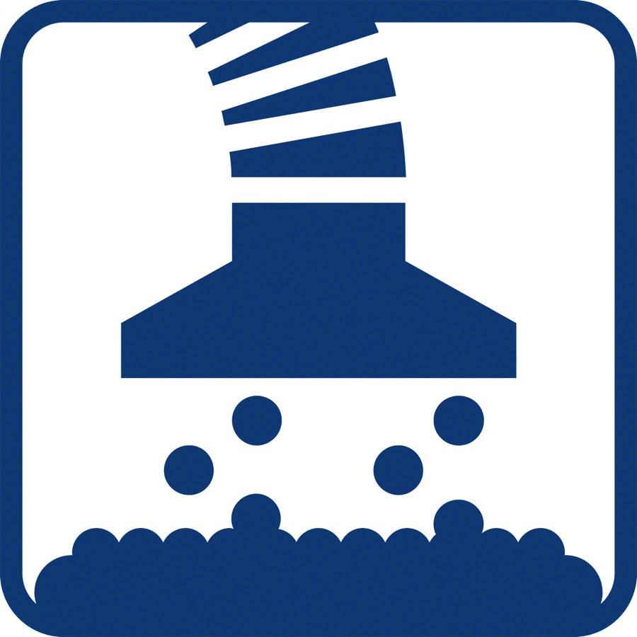 Piktogramm zeigt eine Dunstabzugshaube mit drei Dampfwirbeln, symbolisiert Luftreinigung über einem Herd.