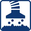 Piktogramm zeigt eine Dunstabzugshaube mit drei Dampfwirbeln, symbolisiert Luftreinigung über einem Herd.
