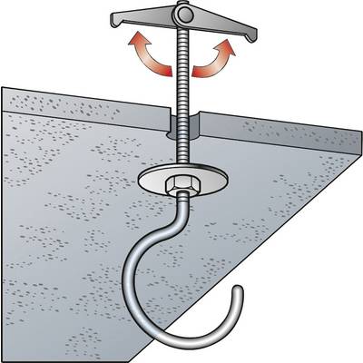Metallhaken in Decke eingesetzt; Schraubbefestigung gezeigt. Oben ein Schwenkanker mit Pfeilen, die Rotation anzeigen. Befestigungssystem für Deckenlast.