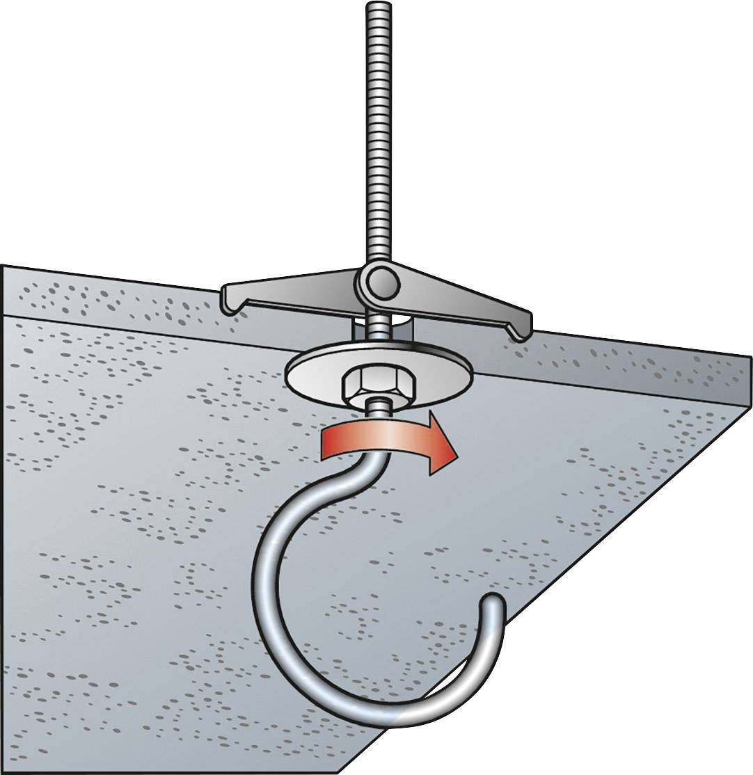 Befestigung eines Hakens an einer Decke mit einem Toggle-Schraubenanker; der Haken ist halbkreisförmig und wird durch Drehen fixiert.