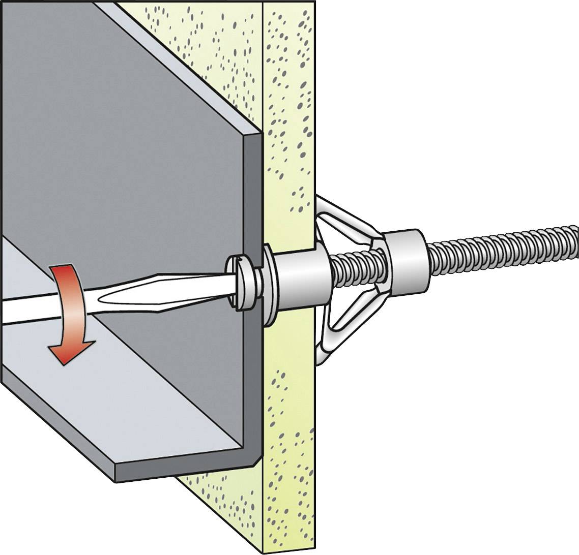 'Diagramm eines Dübels in einer Wand. Ein Schraubmechanismus dehnt den Dübel aus, wodurch er sich sicher in der Wand verankert.'