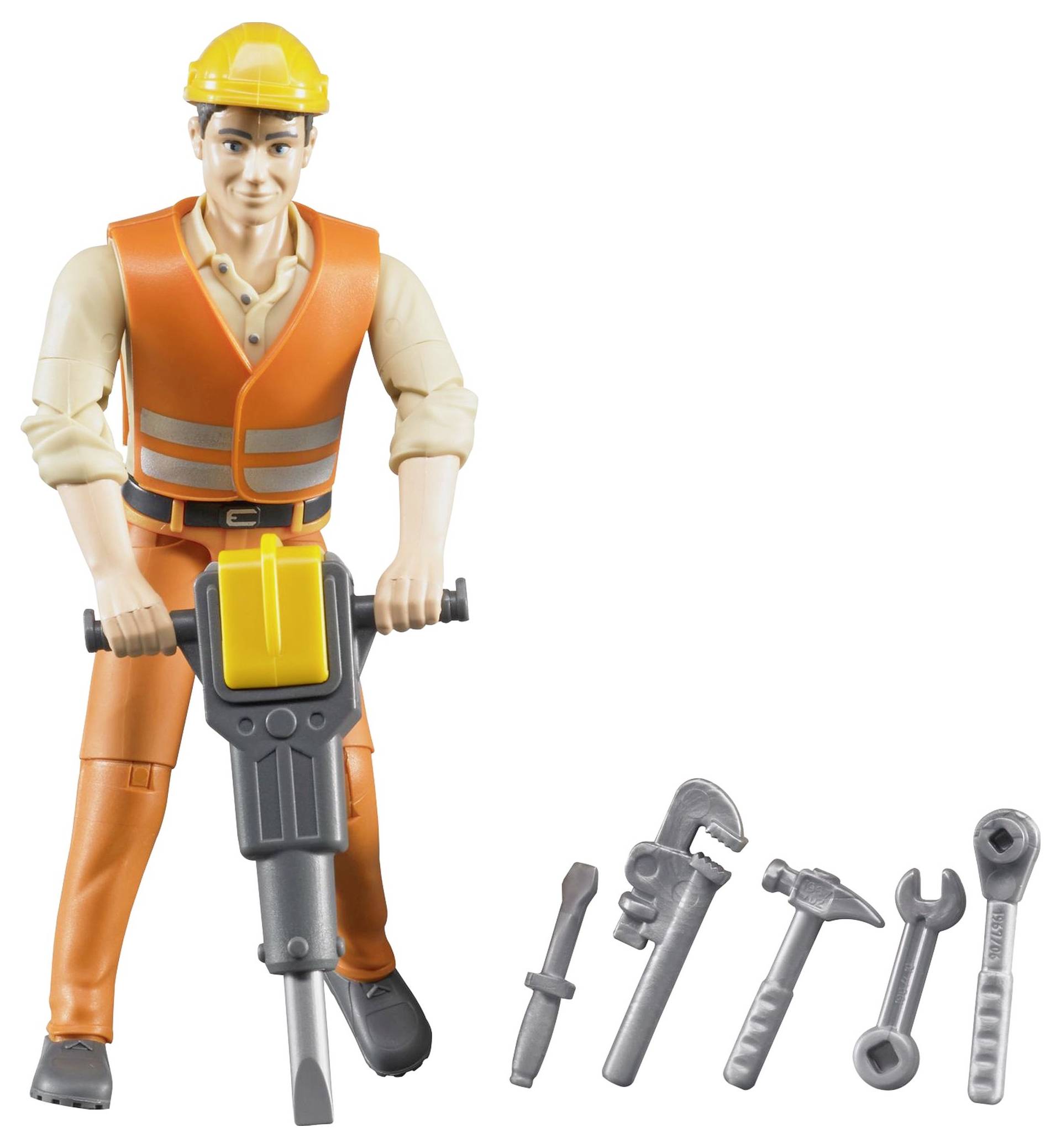 Spielzeugfigur eines Bauarbeiters in orangefarbener Sicherheitskleidung mit Presslufthammer, umgeben von kleinen Werkzeugen.