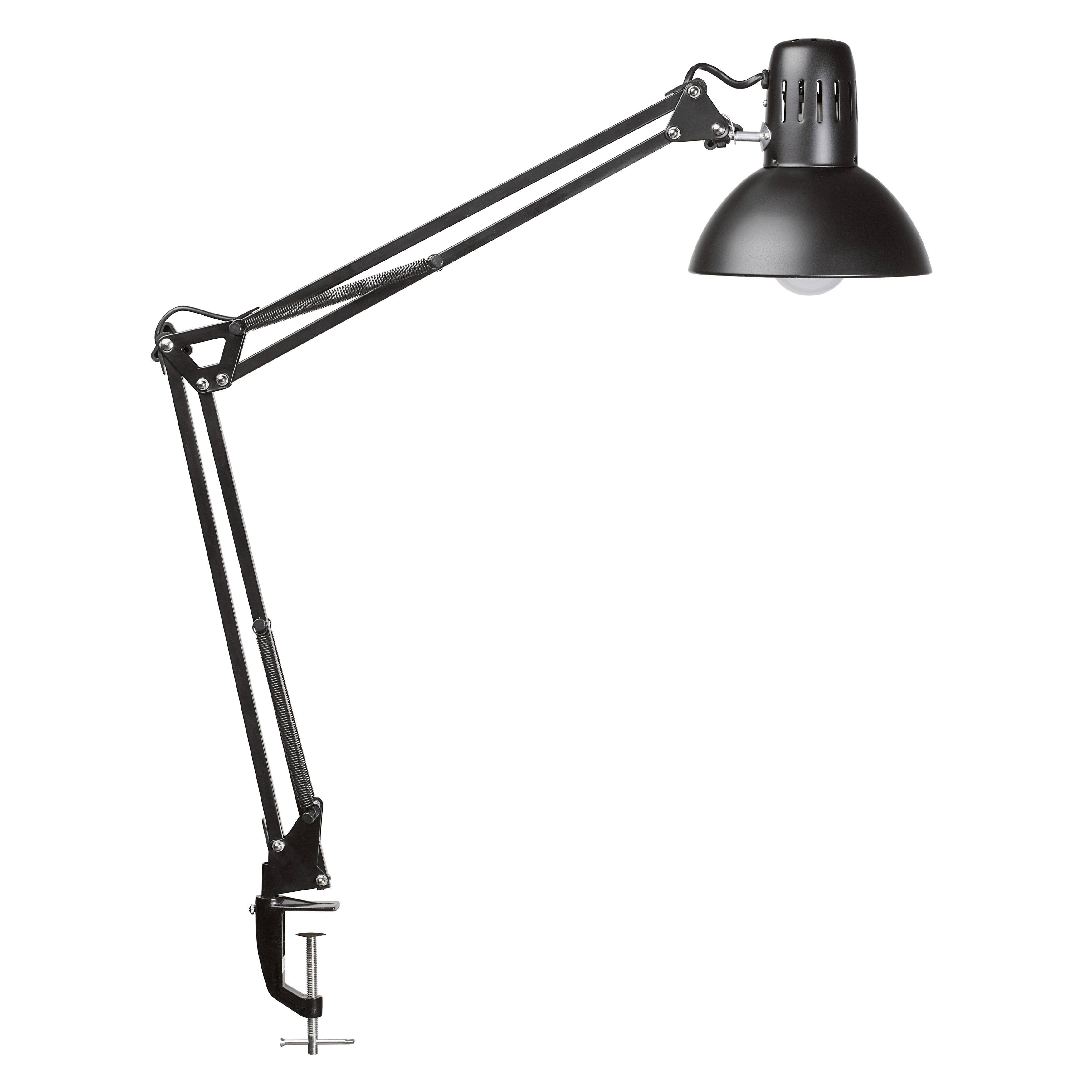Schwarze verstellbare Metall-Schreibtischlampe mit Klemmhalterung und gelenkigem Arm auf weißem Hintergrund.