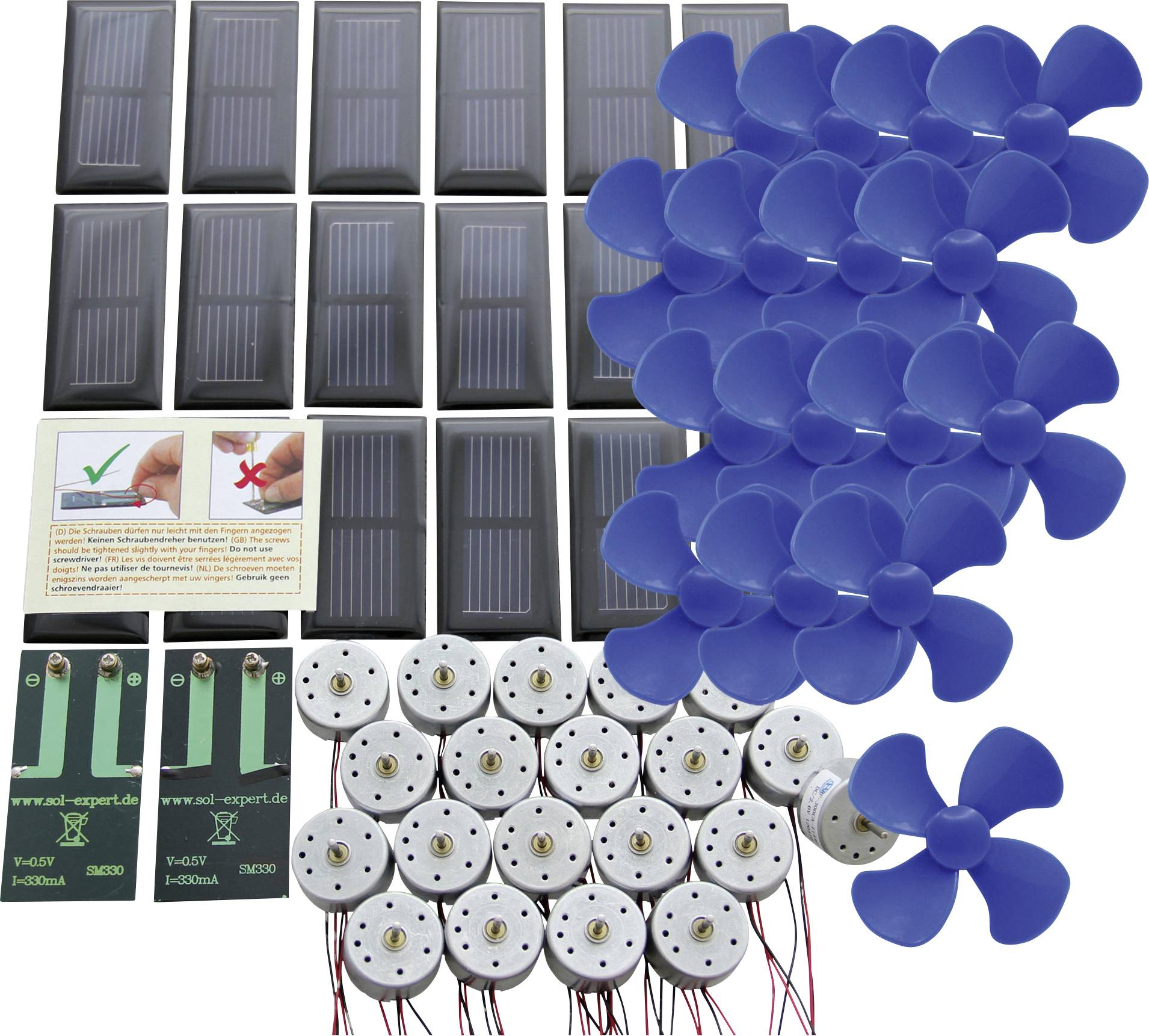 Gemischte Ingenieur- und Prototyping-Teile, darunter Solarpanele, Propellerblätter, Leiterplatten und kleine Motoren, auf weißem Hintergrund angeordnet.