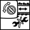 Werkzeug- und Zahnrad-Symbole verweisen auf eine gesperrte Drehrichtung und Instandhaltungsarbeiten an einer Maschine.