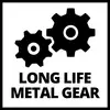Zwei Zahnräder und der Text 'LONG LIFE METAL GEAR', was auf die Langlebigkeit von Metallgetrieben hinweist.