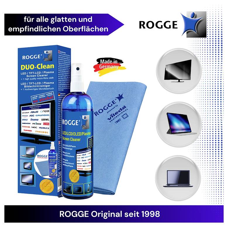 Reinigungsset für Bildschirme enthält ein Reinigungsspray und ein Mikrofasertuch. Geeignet für TV, Monitor, Smartphone und Laptop. Made in Germany.