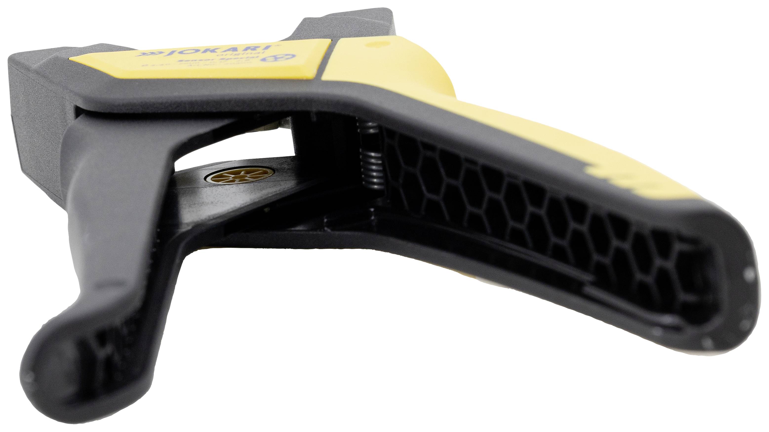 Gelber und schwarzer Kunststoffklemmbügel mit Wabenstruktur innen, verwendet zur sicheren Befestigung von Materialien bei der Arbeit.