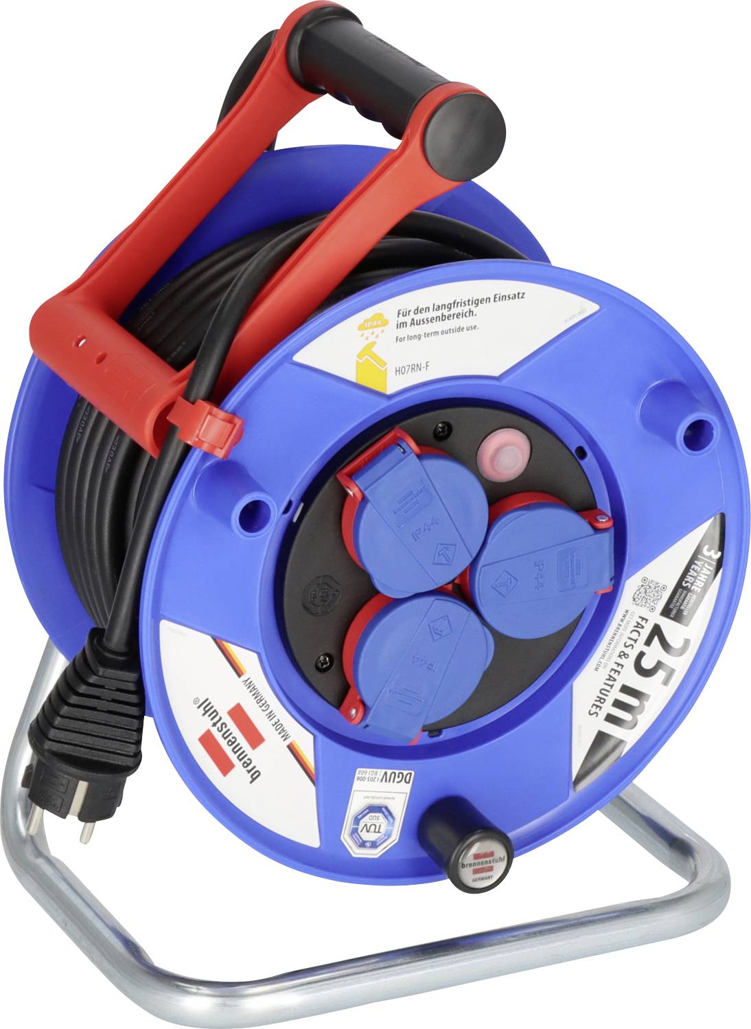 Tragbare blaue Kabelrolle mit rotem Griff, schwarzem Stromkabel, vier Steckdosen mit blauen Abdeckungen und geerdetem Stecker auf Metallständer.