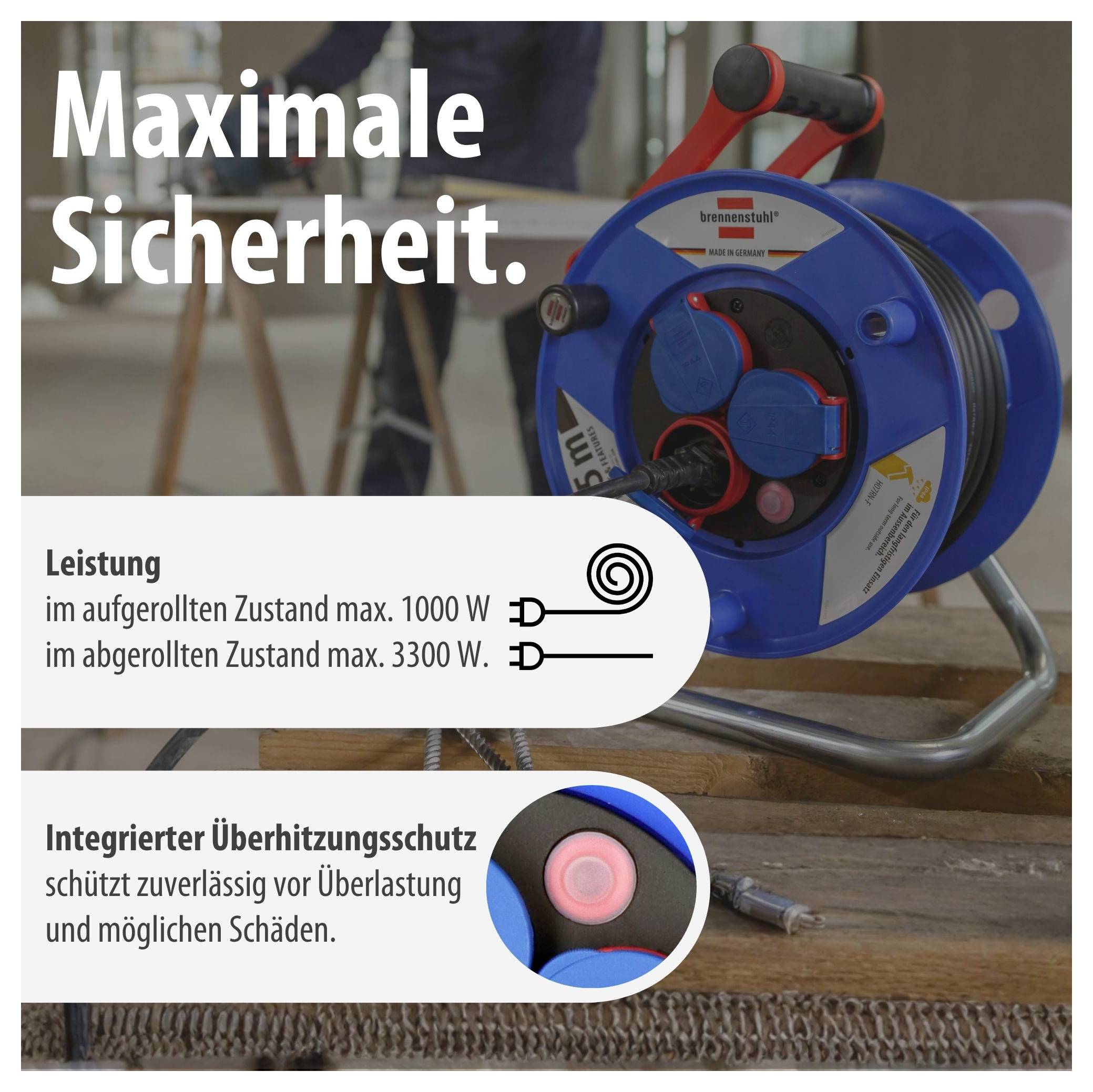 Werbeplakat für eine Kabeltrommel mit Text 'Maximale Sicherheit'; nennt Leistung 1000 W aufgerollt und 3300 W abgerollt sowie integrierten Überhitzungsschutz.<br>