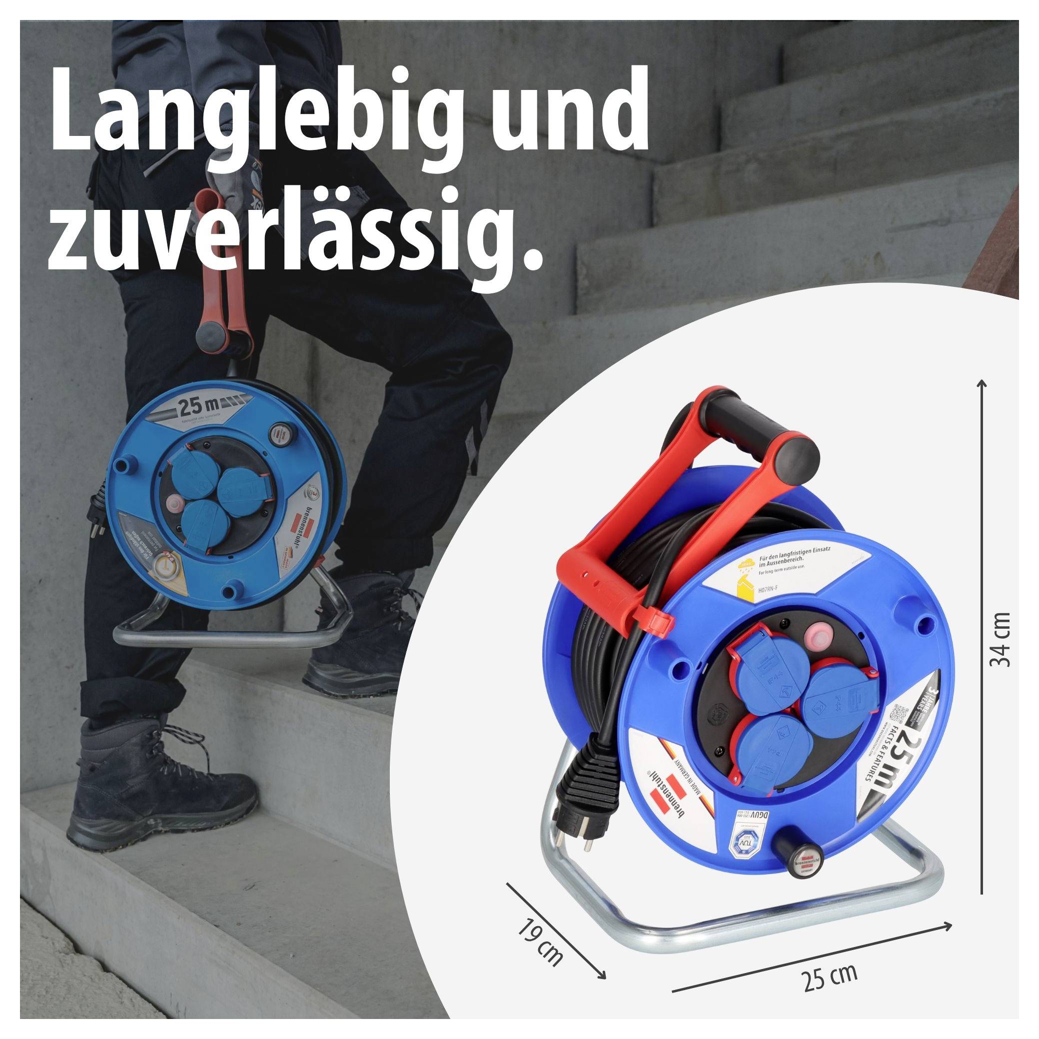 Werbebild eines blauen Kabelaufrollers in Gebrauch und als Produktfoto; Text: 'Langlebig und zuverlässig.'<br>