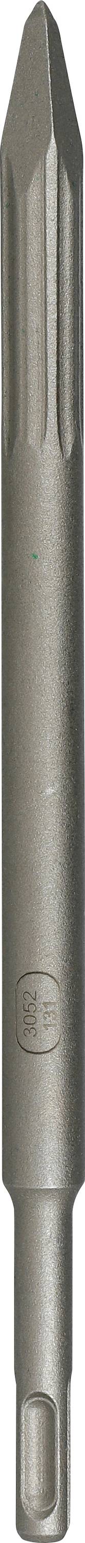 Nahaufnahme eines verjüngten Metallwerkzeugbits mit spitzer Spitze und geschlitztem Schaft, wahrscheinlich ein Bohrer oder Fräswerkzeug.