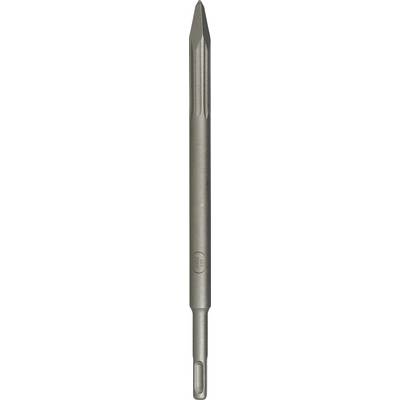 Nahaufnahme eines verjüngten Metallwerkzeugbits mit spitzer Spitze und geschlitztem Schaft, wahrscheinlich ein Bohrer oder Fräswerkzeug.
