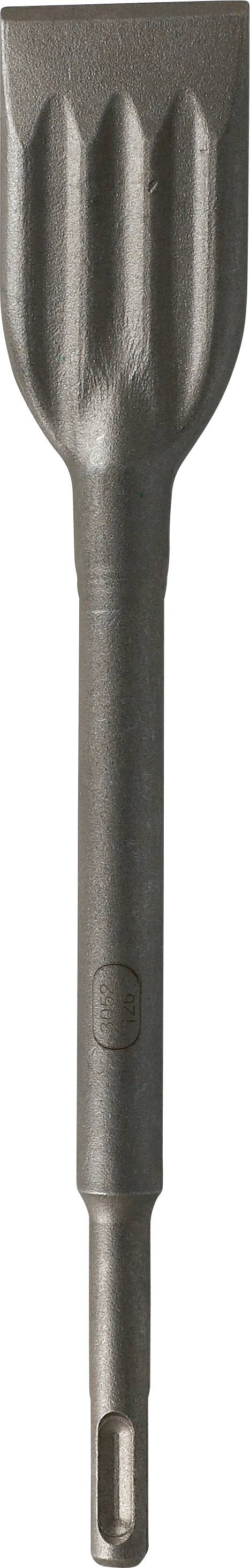 Nahaufnahme eines Metallmeiels oder Schlagwerkzeugs mit flacher, geschlitzter Spitze und gerilltem Kopf auf weißem Hintergrund.