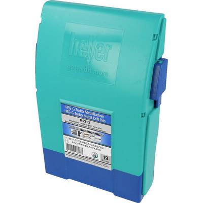 Türkisfarbener Heuer-Bohrerkassette mit der Beschriftung „HSS-G Turbo-Metalbohrer" mit blauer Basis und seitlichem Verschluss, geschlossen auf weißem Hintergrund gezeigt.