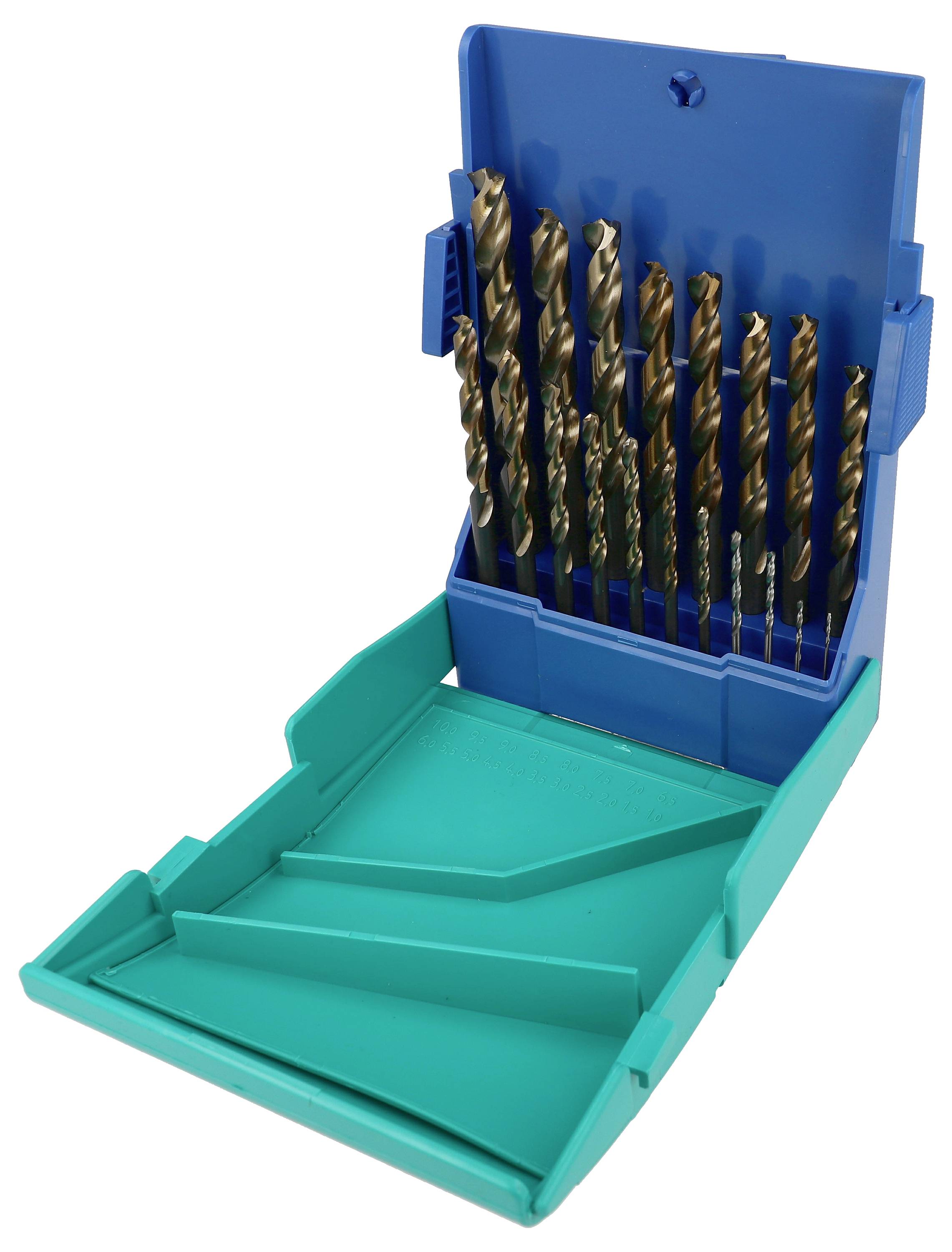 Blaue Kunststoff-Bohrerkassette mit mehreren Metall-Spiralbohrern, die aufrecht darin gelagert sind, geöffnet, um das organisierte Set zu zeigen.
