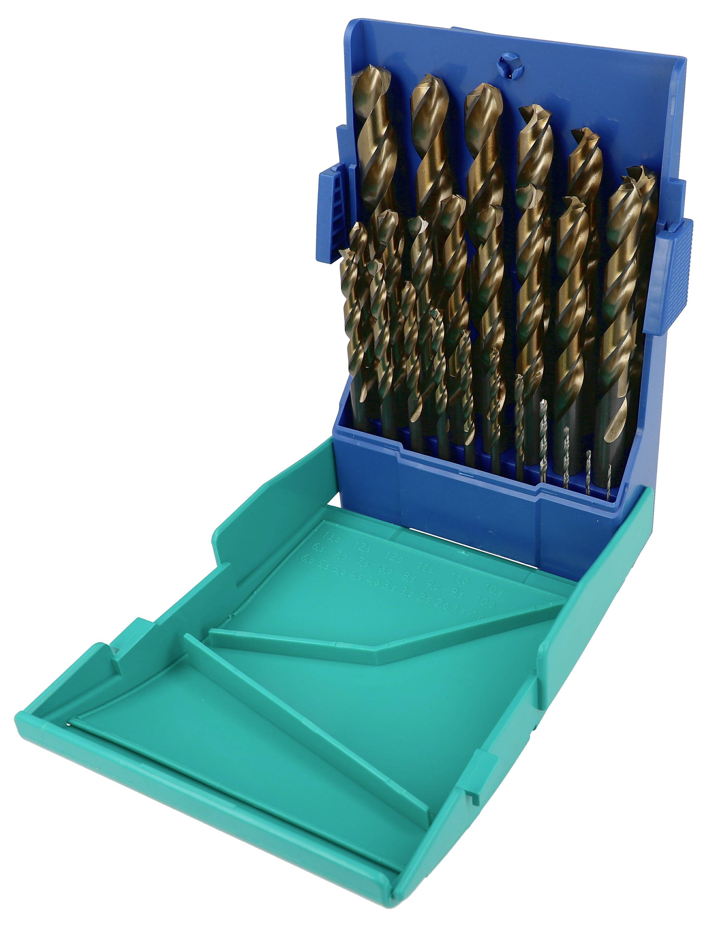 Offene blau-grüne Kunststoff-Bohrerkassette mit mehreren Metallbohrern, wobei der Deckel offen ist.