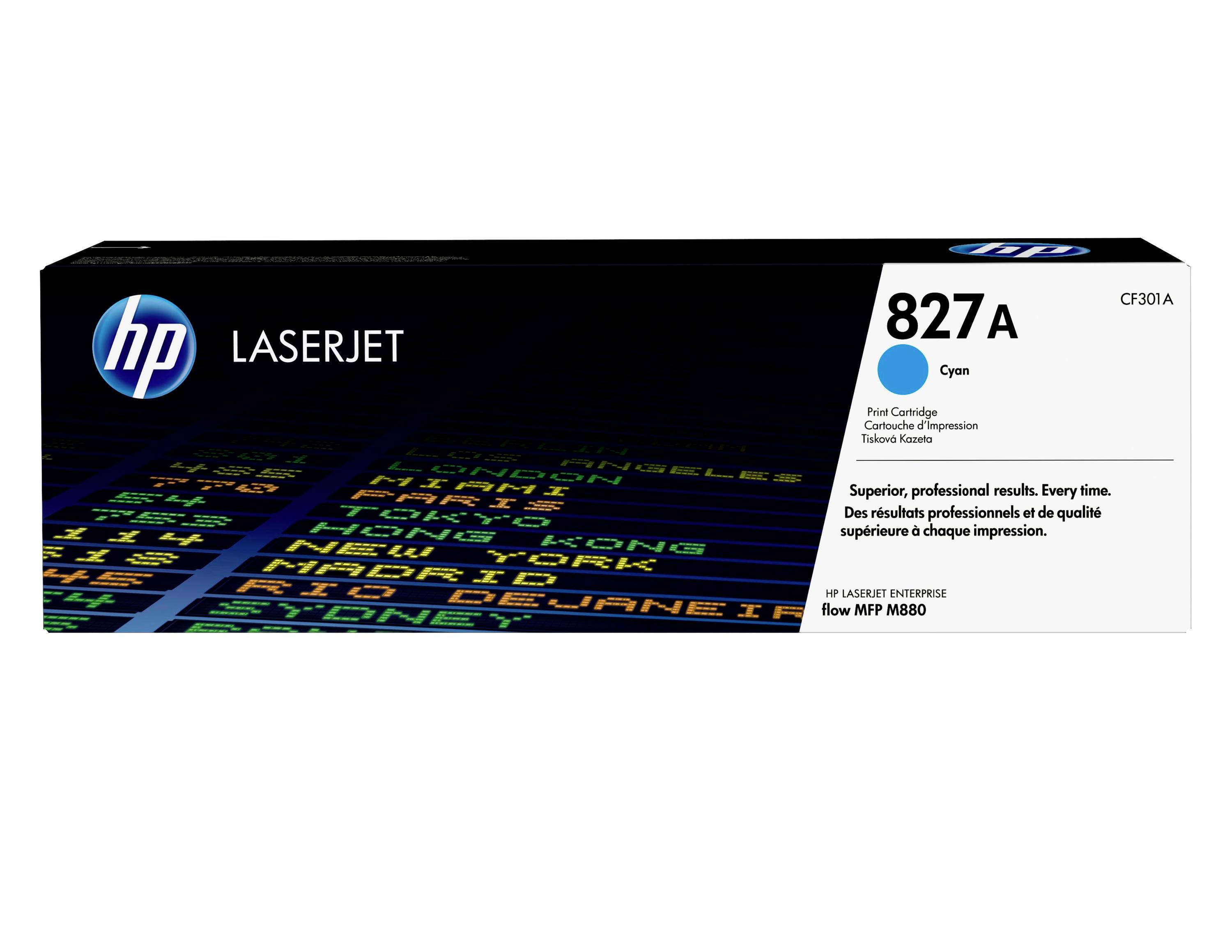 HP LaserJet 827A Cyan-Tonerkartusche in einer Verpackung für HP Color LaserJet Drucker, gekennzeichnet mit CF301A und kompatibel mit Flow MFP M880.