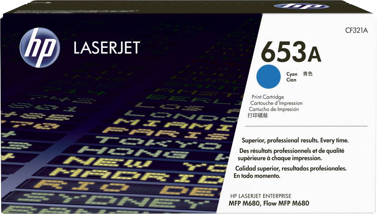 Eine HP LaserJet 653A Cyan Druckerpatrone. Verpackung mit mehrsprachigem Text: 'Superior, professional results. Every time.'