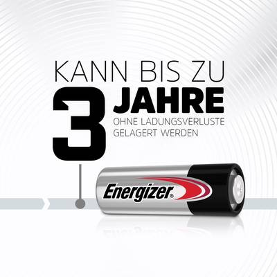 Lithium-Batterie von Energizer neben Text: 'Kann bis zu 3 Jahre ohne Ladungsverluste gelagert werden', auf hellem Hintergrund.