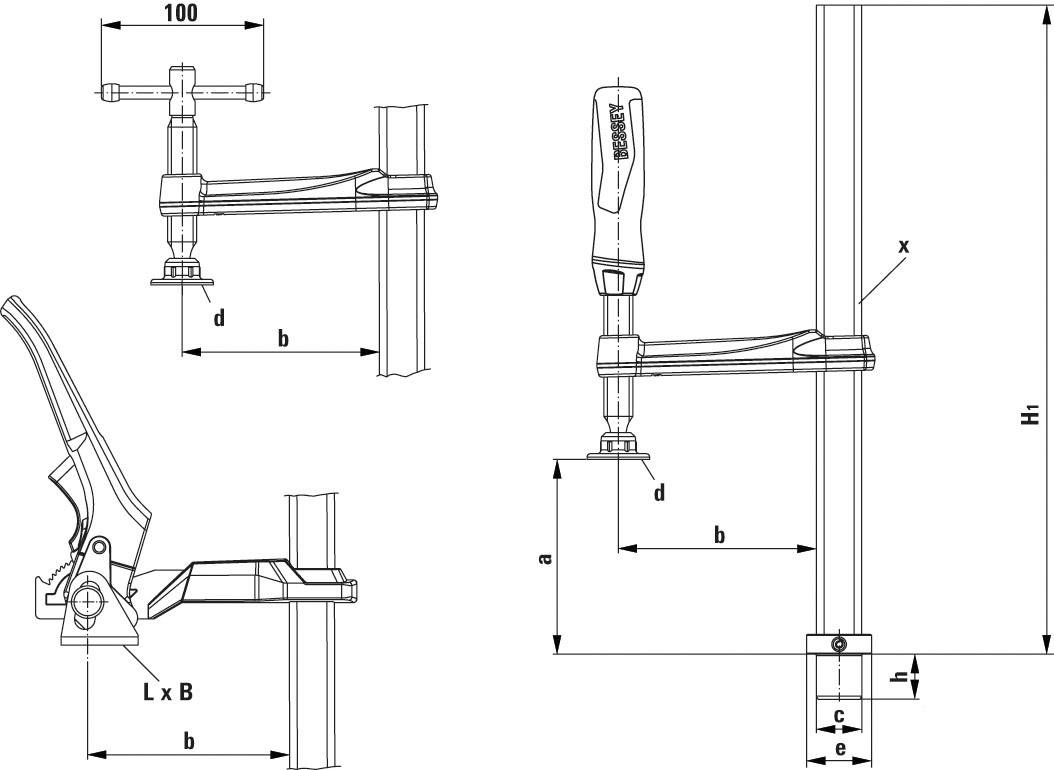 Technische Zeichnung einer Schraubzwinge mit Maßen. Darstellung umfasst Seiten- und Frontalansicht. Maße: a, b, c, d, e, x, L x B, H1.