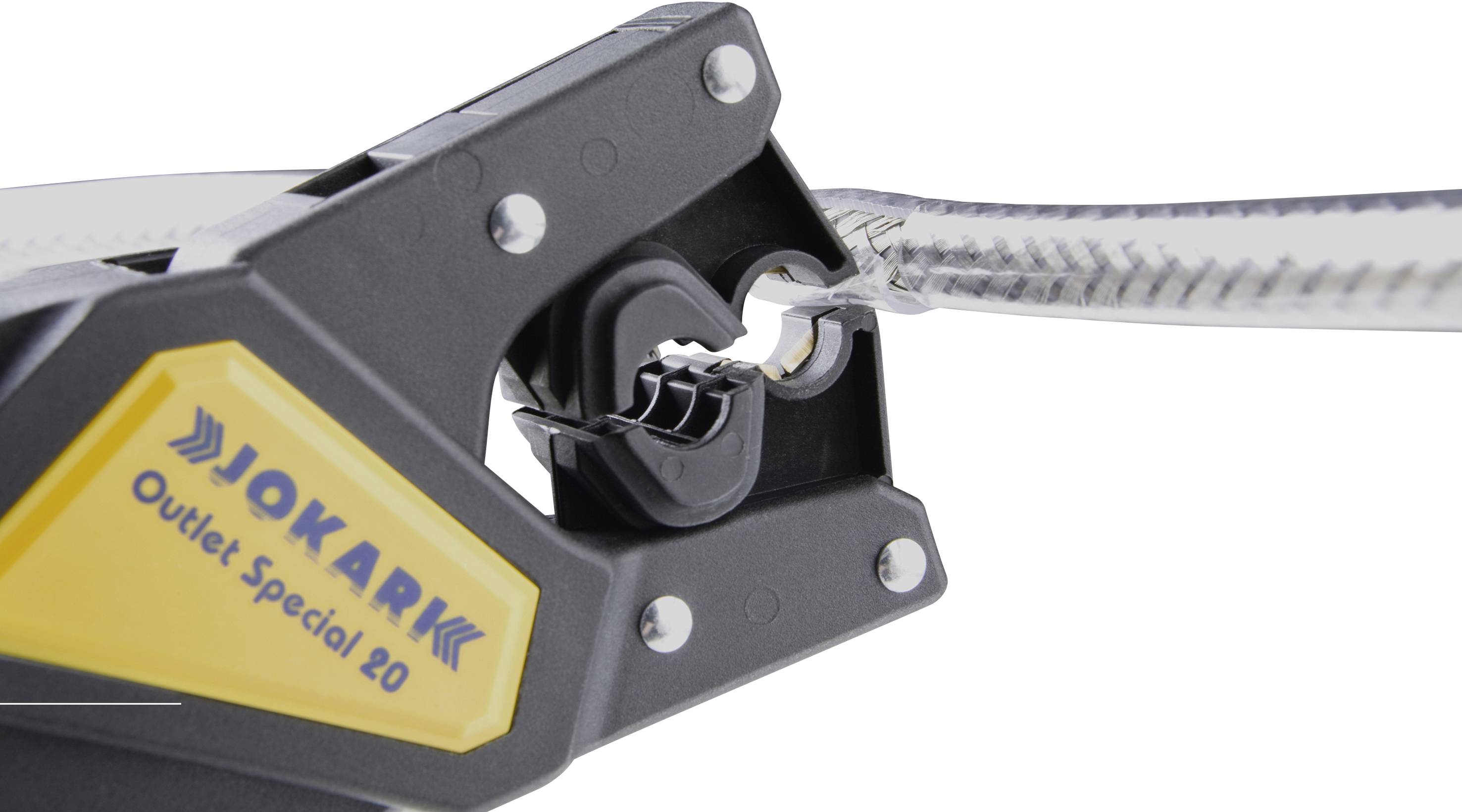 Das Bild zeigt ein professionelles Werkzeug, das ein Kabel abisoliert. Der Markenname 'Jokari Outlet Special 20' ist sichtbar.