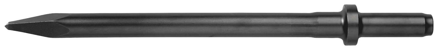 Ein langer, schwarzer Metallmeißel mit spitzem Ende und einem dickeren Ringabschnitt zur Stabilisierung.