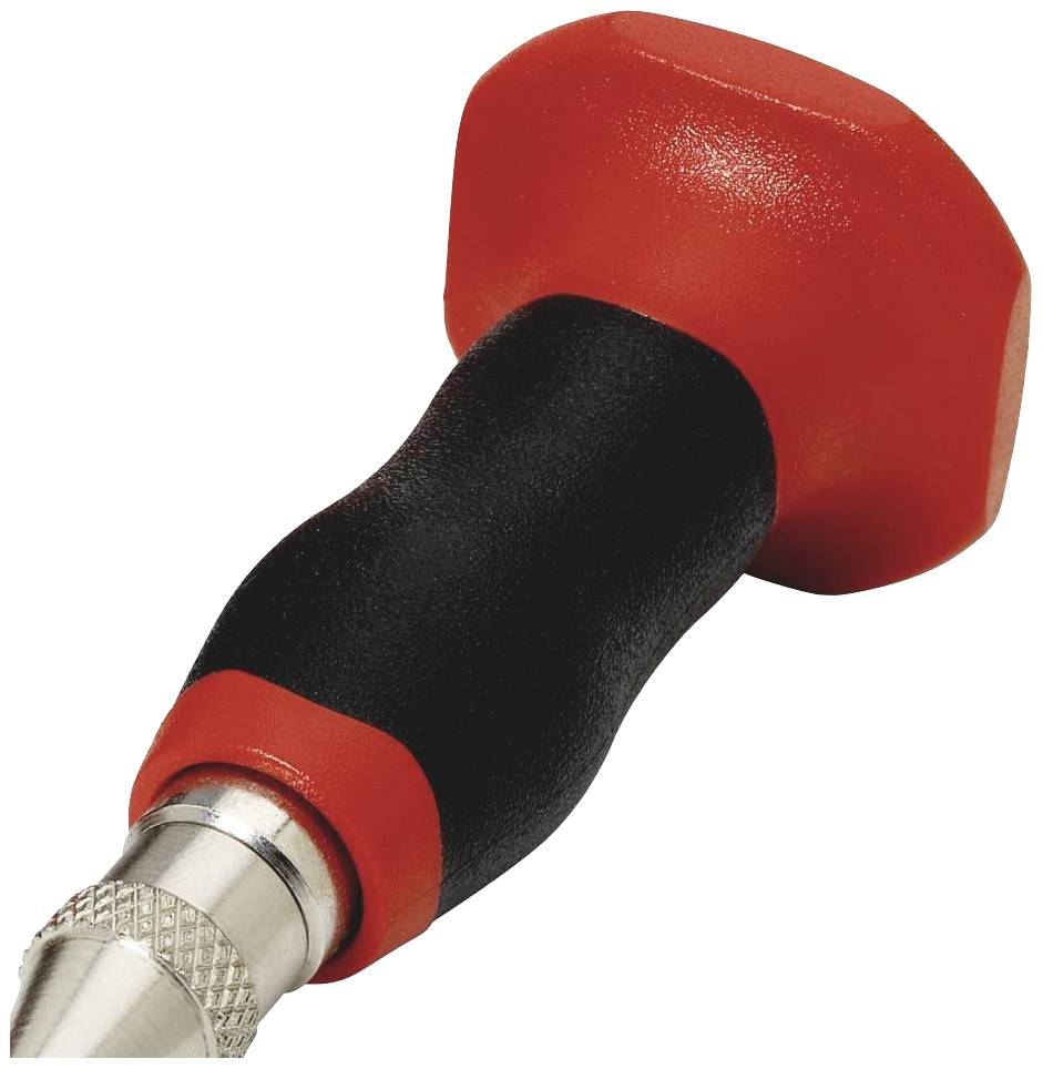 Roter und schwarzer Griff an einem Metallwerkzeug, das für Arbeiten wie Schneiden oder präzises Führen von Geräten verwendet wird.