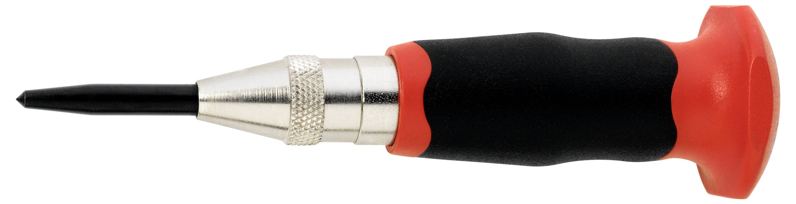 Ein Handwerkzeug, das wie ein Stempel mit rotem Griff aussieht, liegt auf der Seite. Es ist für präzises Schlagen oder Markieren geeignet.