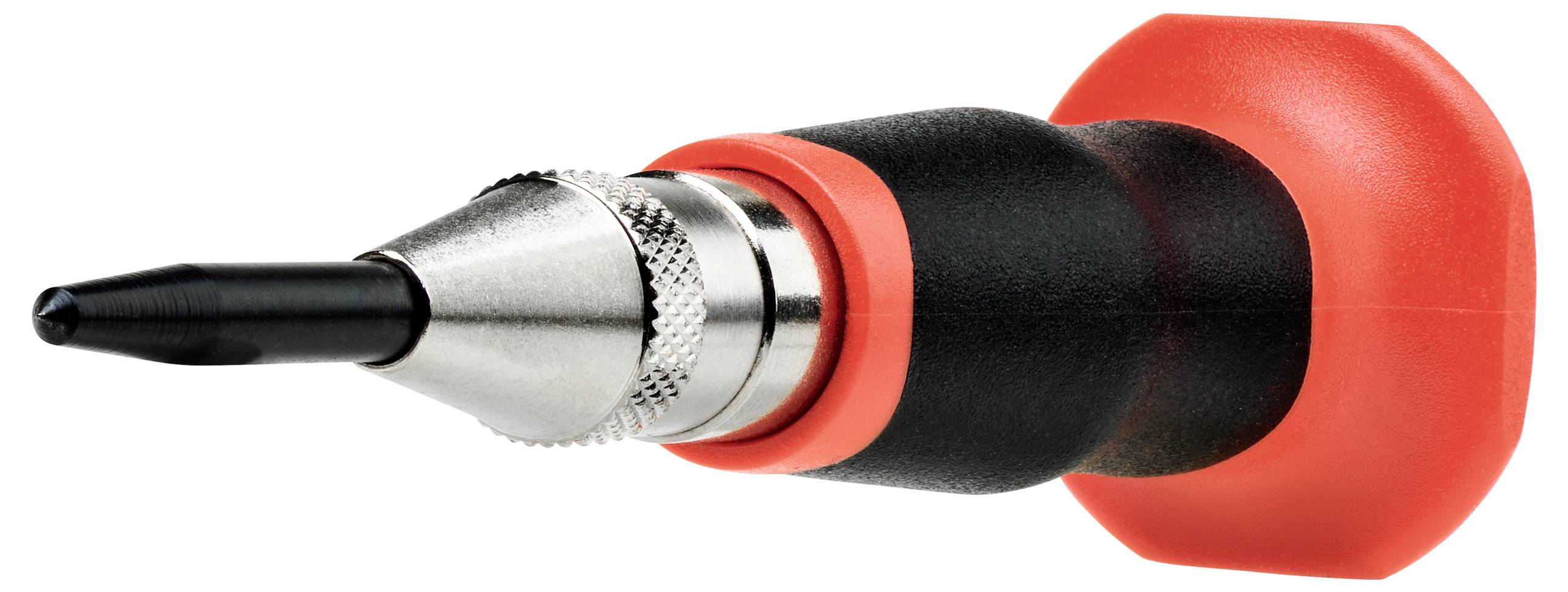 Ein automatischer Körner bietet einfache und präzise Markierungen auf Metalloberflächen durch Druckmechanismus mit rotem Griff.