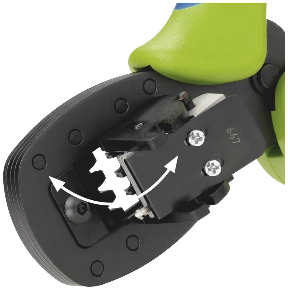 Nahaufnahme eines grünen Kabelschneiders, der Kabel isoliert und schneidet. Pfeil zeigt Schnitt- und Isolierpositionen.