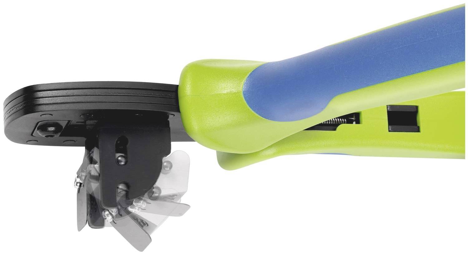 Ein grüner und blauer Nagelzwicker mit mehreren ineinandergreifenden Schneidklingen zeigt die Detailansicht eines Radsystems.