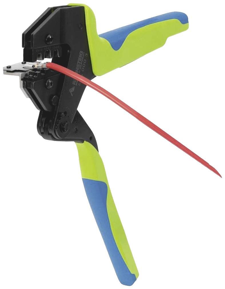 Eine grüne und blaue Crimpzange mit einem roten Kabel, das in die Zange eingeführt wird. Geeignet für Kabelverbindungen.