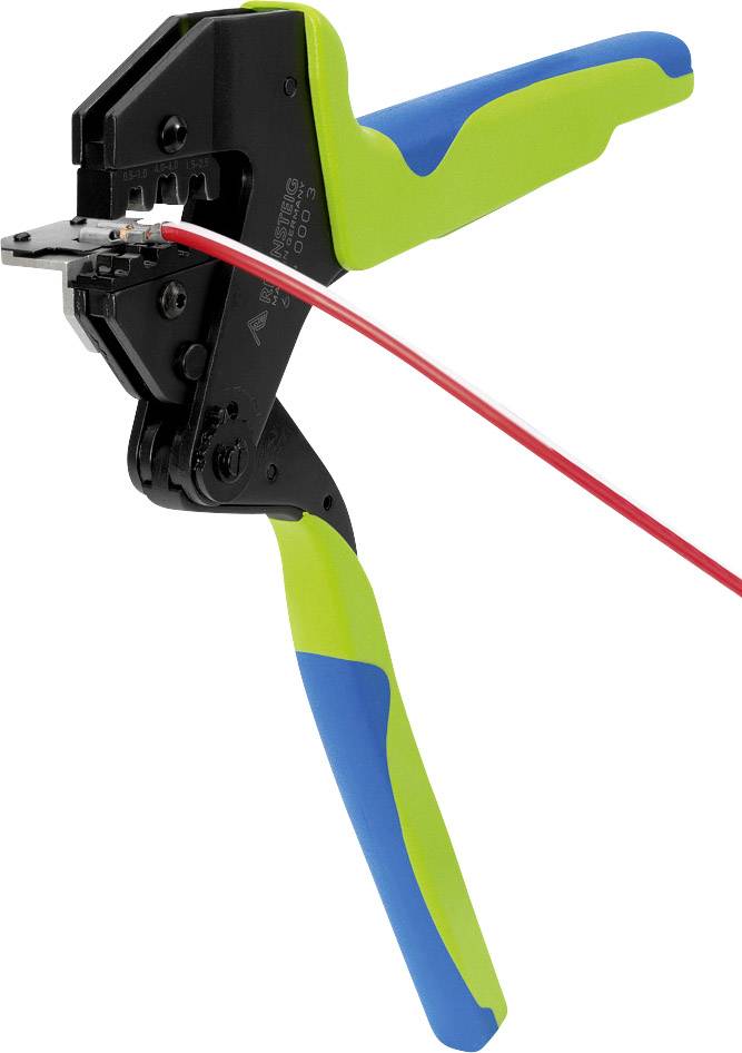 Handwerkzeug mit blauen und grünen Griffen, das ein rotes Kabel hält.