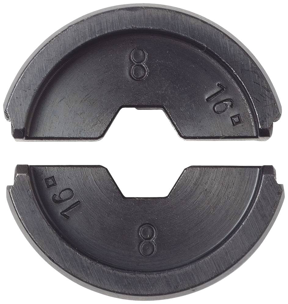 Zwei schwarze, halbkreisförmige Metallteile, mit der Markierung '8' und '16'; sie scheinen zusammenzugehören und passen aneinander.