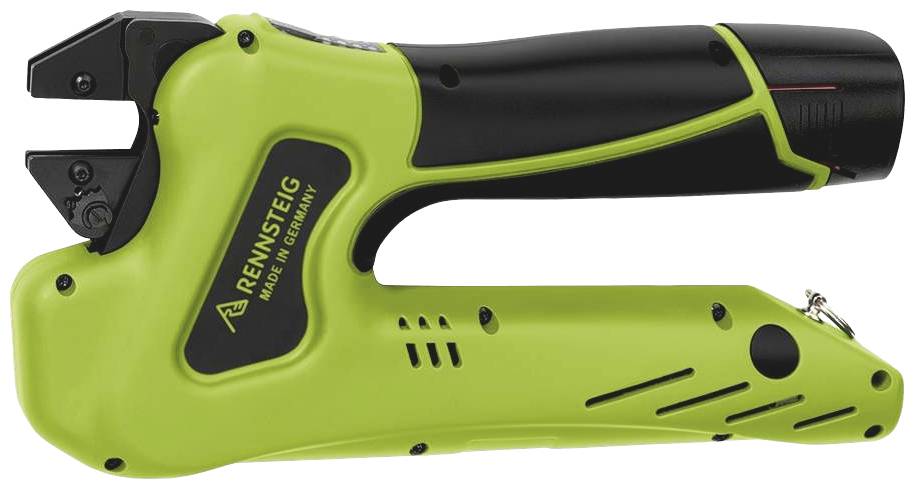 Elektrisches Crimpwerkzeug in grün-schwarzem Design, Marke "Rennsteig", mit ergonomischem Griff, geeignet zum Crimpen von Kabeln.