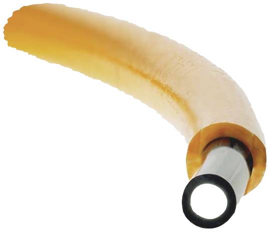 Ein Querschnitt eines orangefarbenen Rohrs mit einer Innenbeschichtung. Es zeigt die Materialschichten und die Rohröffnung.