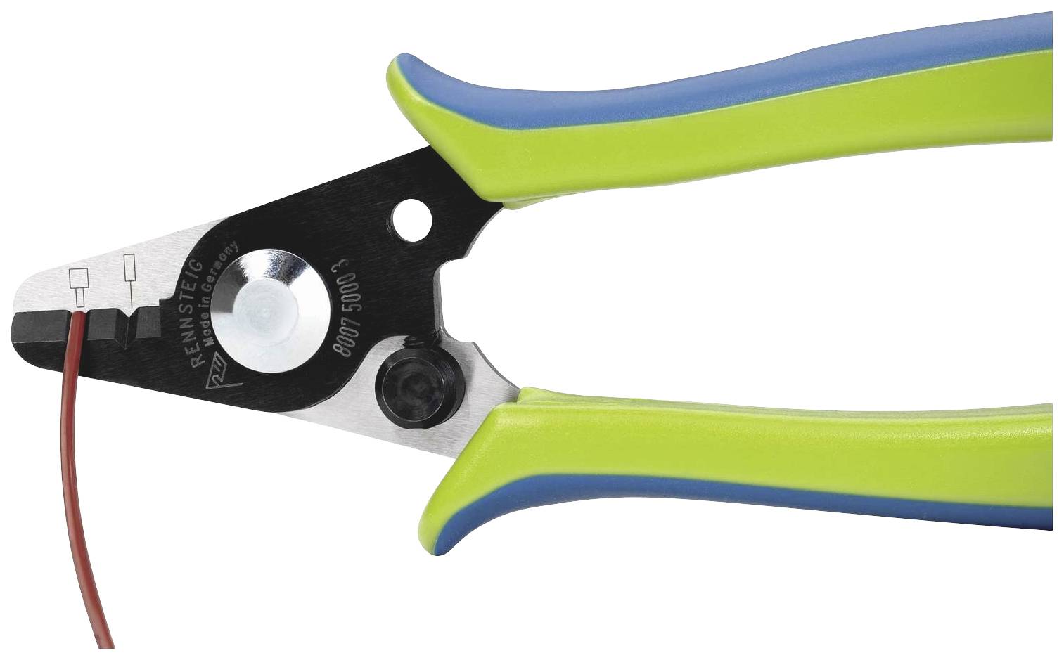 Zange mit blau-grünen Griffen schneidet ein rotes Kabel.