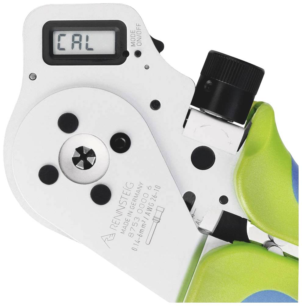 Nahaufnahme eines blauen und grünen Werkzeugs mit digitalem Display mit der Aufschrift 'CAL', Drehknopf, und silbernem Mechanismus.