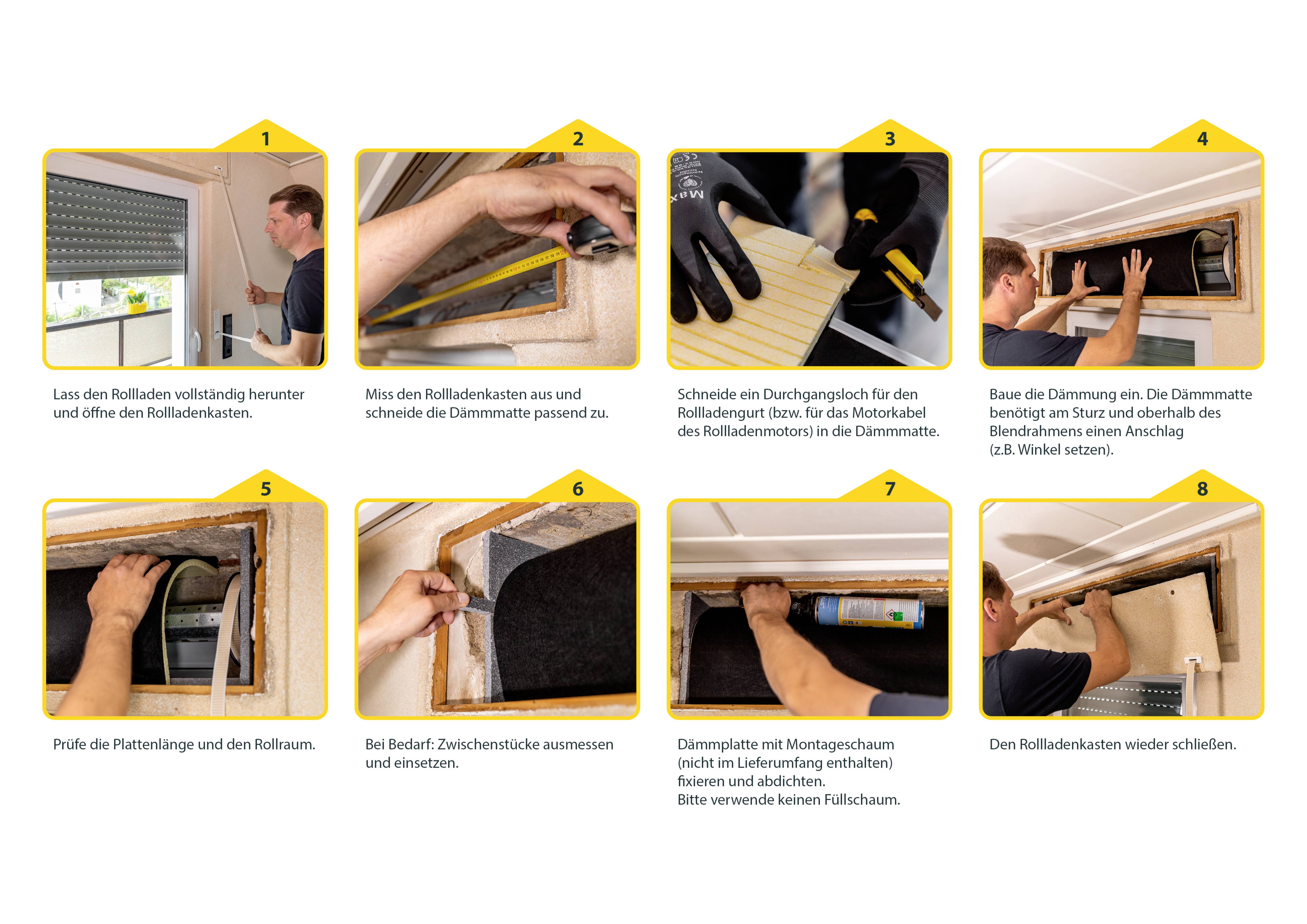 'Schritt-für-Schritt-Anleitung zur Rollladenkasten-Dämmung: 1. Rollladen öffnen, 2. Maße nehmen, 3. Schnitt, 4. Dämmung einfügen, 5-7. Anpassen, 8. Abschluss.'