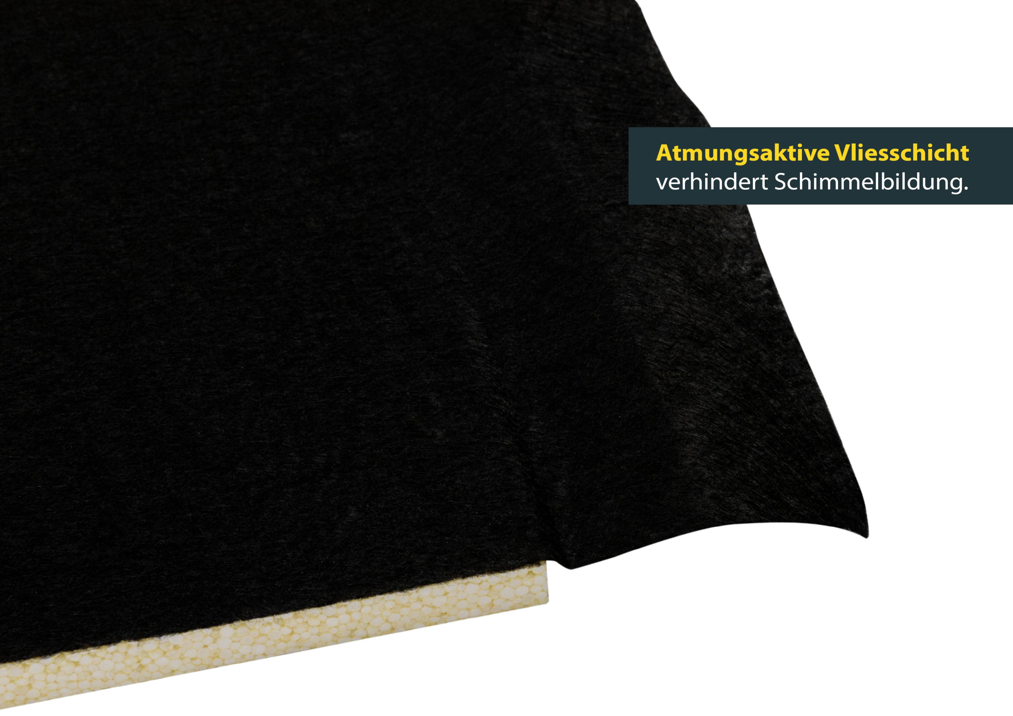 'Atmungsaktive Vliesschicht verhindert Schimmelbildung.' Schwarze Vliesschicht mit hervorgehobener Textaussage über Schimmelvermeidung.