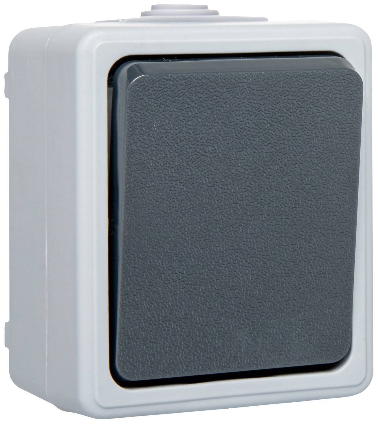 'Grauer Wandschalter mit schwarzer Fläche, geeignet für Innen- und Außenanwendungen.'