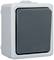 'Grauer Wandschalter mit schwarzer Fläche, geeignet für Innen- und Außenanwendungen.'