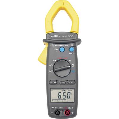 Digitales Multimeter mit gelber Stromzange. Zeigt einen Messwert von 650 auf dem Display. Tasten und Symbole zur Steuerung vorhanden.
