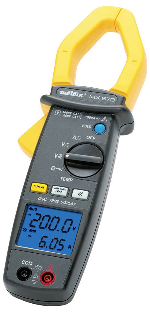 Ein digitales Zangenmessgerät zeigt auf dem Display '200,0 V' und '6,05 A'. Das Gerät verfügt über verschiedene Messoptionen.