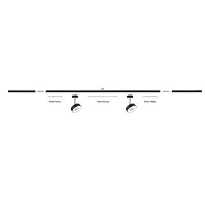 Zwei Deckenstrahler links und rechts flankieren einen mittigen Strahler auf einer horizontalen Schiene. Beschriftungen: 'Inline Twenty', 'Inline Forty', 'Inline Twenty'.